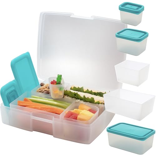 Bentology Bento Lunch Box Set w 5 Leakproof Made-to-Size Snack Containers & Built-In Utensil Holder- Meal Prep Made Easy w Reusable, Kid's Back to School or Office- Durable, BPA Free, Dishwasher Safe - color: Clear Teal