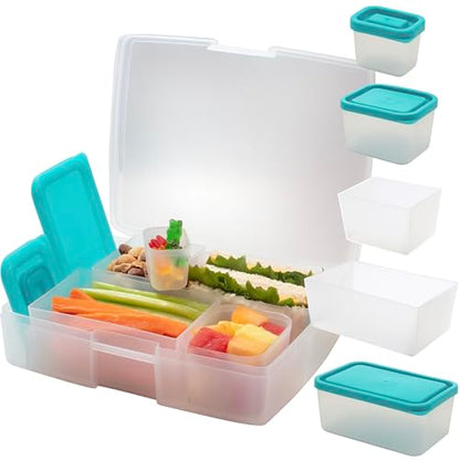 Bentology Bento Lunch Box Set w 5 Leakproof Made-to-Size Snack Containers & Built-In Utensil Holder- Meal Prep Made Easy w Reusable, Kid's Back to School or Office- Durable, BPA Free, Dishwasher Safe - color: Clear Teal