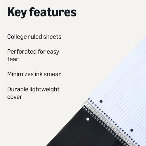 Amazon Basics College Ruled 5-Subject Spiral Notebook, 200 Sheets, 9" x 11", Black - color: Black, style: College Ruled 200 Sheets