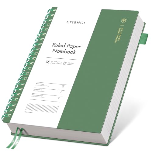 EMSHOI Lined Spiral Journal Notebook, 300 Pages, A4 Size (8.2'' x 11.2'') | College Ruled, 100 GSM Thick Paper, Flexible Plastic Cover, for School, Writing, Work, Office & Journaling (Dark Green) - color: Dark Green, size: A4