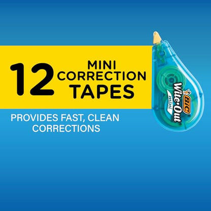 BIC Wite-Out Mini Correction Tape, White, No Dry Time, Long Lasting, 12-Count