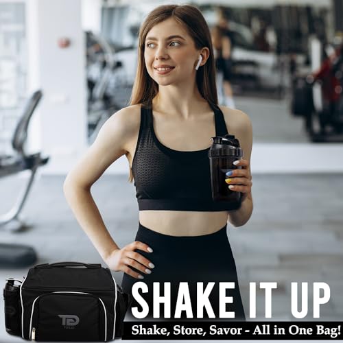 TO GO Meal Prep Bag Insulated Lunch Meals Bag W/6 Portion Control Containers,2 ICE PACKS, Shaker, Pill Box,With an Adjustable shoulder. bag for meals (Black)