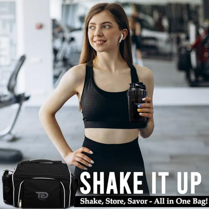 TO GO Meal Prep Bag Insulated Lunch Meals Bag W/6 Portion Control Containers,2 ICE PACKS, Shaker, Pill Box,With an Adjustable shoulder. bag for meals (Black)