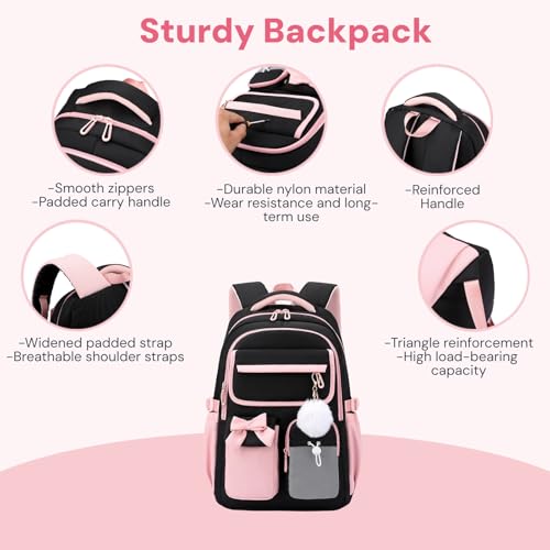 Girls Backpack School Bags Kids Elementary School Backpack for Girls Teens Cute Childrens Bookbags Casual Back Packs, Black - color: Black