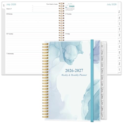 2026-2027 Planner - Planner 2026-2027 from July 2026 - June 2027 with 12 Monthly Tabs, Flexible Cover, Inner Pocket, 8.5" x 11", Blue Watercolor - color: Blue Watercolor, size: 8.5" x 11"