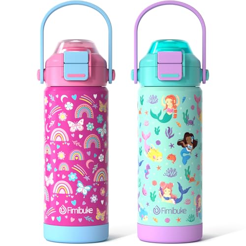 Kids Insulated Water Bottle with Pop-Open Straw & Spout 2-in-1 Lid, 18oz Leak Proof 18/8 Stainless Steel Vacuum Tumbler, BPA-Free Kids Cup For Travel School Boys Girls Toddler, Rainbow & Mermaid - color: A3.Rainbow+Mermaid, size: 18 Ounces