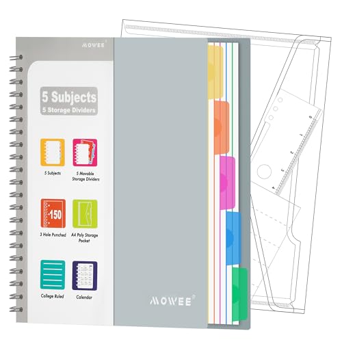 5-Subject Spiral Notebook, College Ruled, with Pocket & Tab Dividers | 300 Pages, 11" Ruler, 8.5"x11" Lily White, Pocket Dividers with Labels, for Writing Journal, Home, Office & School Supplies - color: White(300 page)