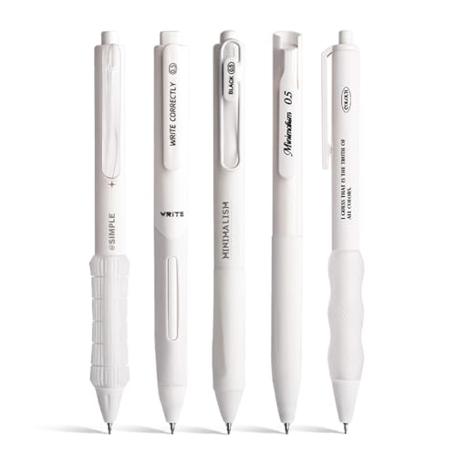 5 Count Pastel Gel Ink Pen Set,Cute Note Taking 0.5mm Fine Point Retractable 5 Count Black Ink Pens for Writing, Journaling, School, Office (White) - color: White