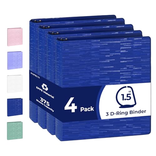 POPRUN D Ring Binder 1.5 Inch, 3 Ring Heavy-Duty PVC-Free (Fit 375 ct. 8-1/2"x11" Paper), 4 Pack with 2 Pockets for School Office Supplies, 4 Pack, Prussian Blue - color: Prussian Blue, size: 1.5 inch