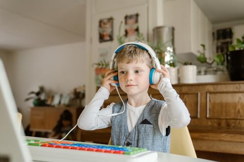 Clevy Kids Headphones Over-Ear 3.5mm Jack Wired - 5ft Tangle-Free Cord with HD Mic, 85dB Volume Limited for iPad/Computer, Foldable Durable Carrying Case