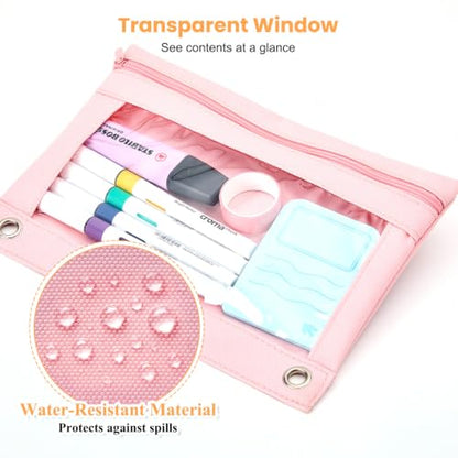 3 Ring Binder Pencil Pouch, Durable Pencil Case for School Supplies, Classroom Must Haves, 3-Hole Design Fits Binders, Zipper Closure, Ideal for Students/Back to School Pink - color: Pink