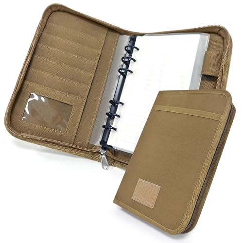 Tactical Notebook Cover, A6 Padfolio 6 Ring Binder with Big Back Pocket & Hand Strap, Zippered Hardcase Planner for Journal, College, Office, Field (Khaki, A6(5.5 x 8.5 inches)) - color: Khaki, size: A6