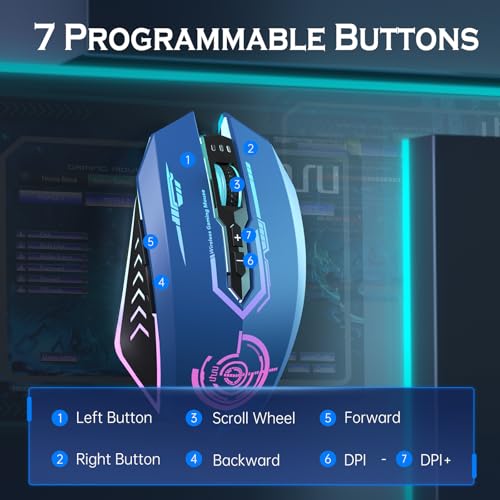 UHURU Gaming Mouse, Wireless Gaming Mouse with 7 Buttons 7 Changeable LED Color up to 12000 DPI, Rechargeable USB Gamer Mouse for PC Laptop (Blue) - color: blue
