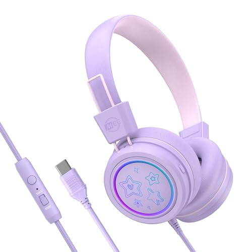 MEE Audio KidJamz KJ55 Safe Listening USB-C Headphones for Children with Multicolor LED Lights, Volume Limiter, & Mic; On-Ear Wired Headset for iPhone 16, iPad, & USB Type C Devices (Lavender) - color: Lavender, style: USB-C Standard