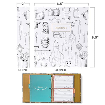 Jot & Mark 8.5" x 9.5" 3 Ring Recipe Binder 50 Matching 4x6 inch Recipe Cards, 25 Top & Bottom Binder Sleeve Sheet Protector, 5 Full-Page Undivided Sleeves, 6 Divider Tabs, Culinary Crockery | 50 Recipe Cards + 25 Sleeve Protectors + 5 Full-Page Sleeves +