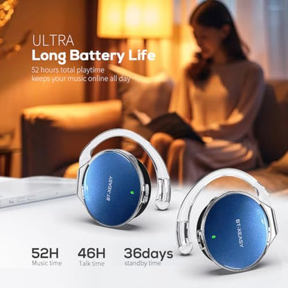 Open Ear Headphones Wireless, 52Hrs Playtime, with Hook Bluetooth Headset | Lightweight Earphones, Clip-On Ear Design, Dual Device Pairing, for Workouts - color: White Blue