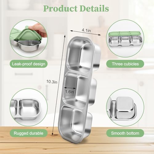 3 Compartment Stainless Steel Snack Containers. | Reusable Snackle Box Container with Leakproof Lids Metal Bento Lunch Boxs Food Storage Containers for Travel Picnics Office - color: 01-GN