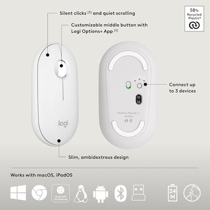 Logitech Pebble 2 Combo Wireless Keyboard and Mouse Quiet - Tonal White | Quiet and portable, customizable, Logi Bolt, Bluetooth, Easy-Switch, for Windows, macOS, iPadOS, Chrome - color: White