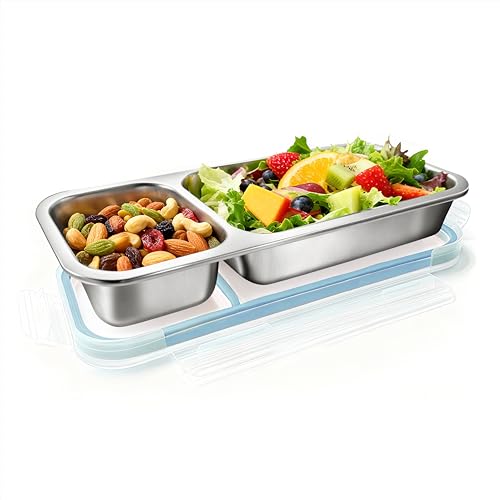 Stylish Blue Stainless Steel Lunch Box for Women - 2-Compartment Leak-Proof Snackle Box, Reusable Snack Containers with Lids for Kids & Adults, Stainless Steel Snack Containers & Storage Containers - color: 2 Compartments Blue