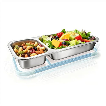 Stylish Blue Stainless Steel Lunch Box for Women - 2-Compartment Leak-Proof Snackle Box, Reusable Snack Containers with Lids for Kids & Adults, Stainless Steel Snack Containers & Storage Containers - color: 2 Compartments Blue