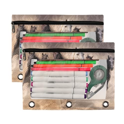 Kcldeci 3 Ring Pencil Pouch, Horse Anmail Wildlife 2 Packs Bulk Zipper Pencil Case Pencil Pouches with Clear Window for Storing School Office Supplies - color: A02