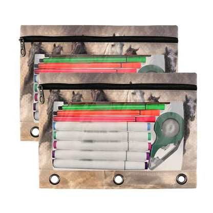 Kcldeci 3 Ring Pencil Pouch, Horse Anmail Wildlife 2 Packs Bulk Zipper Pencil Case Pencil Pouches with Clear Window for Storing School Office Supplies - color: A02