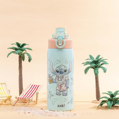 Zak Designs Disney Sage Kids Water Bottle For School or Travel, 19oz Stainless Steel Water Bottle With Straw, Handle, and Leak-Proof, Pop-Up Spout Cover (Stitch) - color: Stitch (Sage)