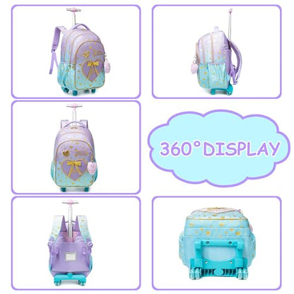 Backpack with Wheels for Girls 8-12 Rolling Backpack for Girls with Lunch Box Backpacks for Kids Cute Bowknot Travel Roller Wheeled Bookbag - color: Blue Purple