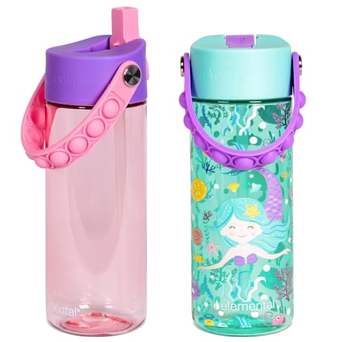 Elemental Leak Proof Water Bottles for Kids - Splash Kids Water Bottle for School with Pop-it Handle - Tritan Plastic Water Bottle with Straw - Mermaid & Rose - 18oz (2 Pack) - color: Duo - Mermaid / Rose (Sugar Plum)