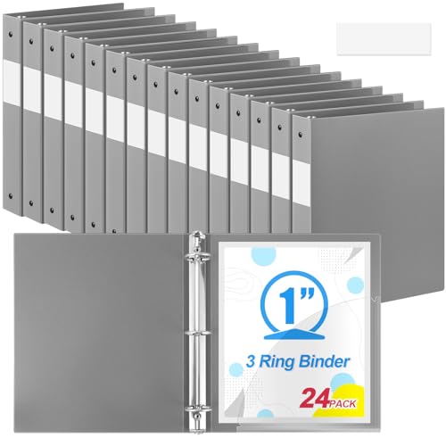 Henoyso 24 Pack 1 Inch 3 Ring Plastic Binders, Bulk Flexible PP Binders for Classroom & School Supplies, Letter Size 8.5 x 11, Holds 240 Sheets with Interior Pocket (Grey) - color: Grey