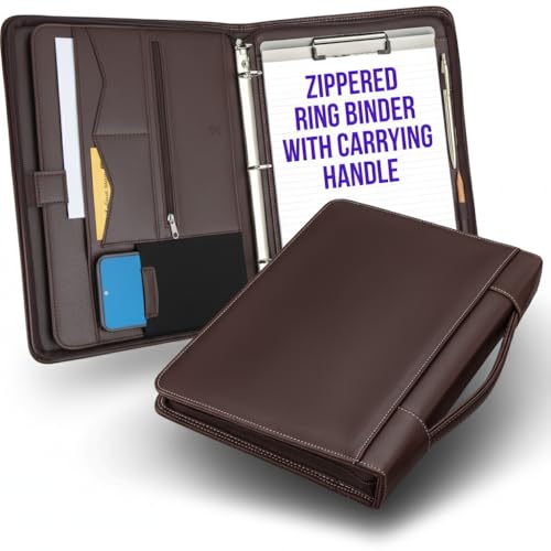 STYLIO Walnut Zipper Portfolio Binder w/Carrying Handle | Removable 3-Ring Binder (1") w/Clipboard Padfolio | Organizer for Documents, iPad, Tablet, Notebook | Business Leather Folder for Men Women - color: Walnut, style: Zipper Binder (3-Ring) w/ Carryin