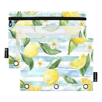 Fustylead Blue White Striped Lemon Floral Binder Pencil Pouch for 3 Ring, Pencil Pouches Bags with Zipper Clear Window for School Office Cosmetic Supplies, 2 Pack - color: Lemon