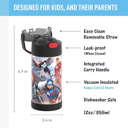 THERMOS FUNTAINER Water Bottle with Straw - 12 Ounce - Kids Stainless Steel Vacuum Insulated Water Bottle with Lid, Avengers - color: Avengers