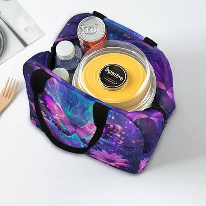 Purple Butterfly Lunch Bag Kids Thermal Picnic Cool Bags Leakproof Portable Lunch Box Large Thermal Cooler Bag for School Camping Picnic - color: Purple Butterfly Floral