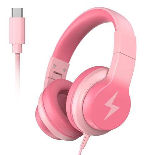 Candy Bila Wired USB C Kids Headphones, 85dB Safe Volume Limit, HD Stereo Sound, Adjustable Headband, Foldable Over-Ear Design for School, Travel, Boys, Girls, iPad, Tablet，Gradient Pink - color: Gradient Pink
