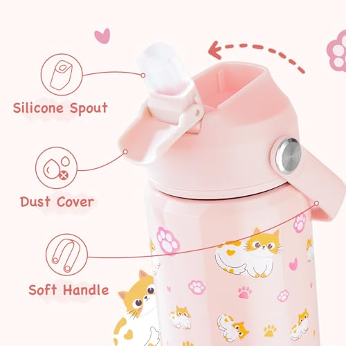 Kerilyn 12oz Kids Water Bottle 2 Pack, Stainless Steel Insulated Water Bottle Bulk, Toddler Cups with Straws Leak-Proof, Kids Water Bottles for School Boys Girls, BPA Free, 2 Piece Set Planet + Kitty - color: A. Planet + Kitty