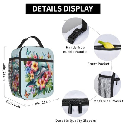 Dolphin Butterfly Flower Lunch Bag 10In | Insulated Lunch Box Reusable Tote Bag For Picnic Office For Women Men - color: Style 9