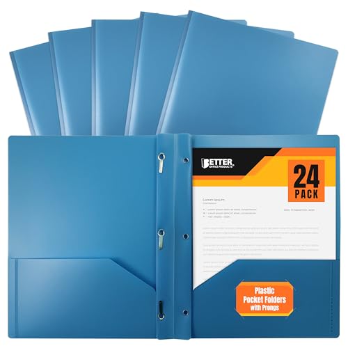 Better Office Products Light Blue Plastic 2 Pocket Folders with Prongs, 24 Pack, Heavyweight, Letter Size Poly Folders with 3 Metal Prongs Fastener Clips, Light Blue