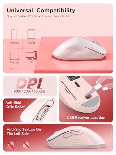 RAPIQUE Bluetooth Wireless Mouse - Dual Bluetooth & 2.4 GHz USB Receiver, Ergonomic Design, Quiet Clicks, Low Power - Multi-Device Compatibility for MacBook, Laptop, Computer, iPad Air/Pro (Pink) - color: Pink