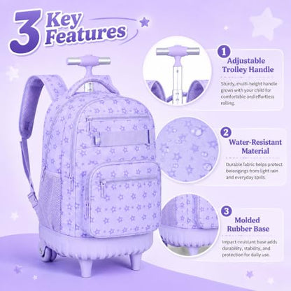 HPJGD 3PCS Girls Rolling Backpack, Purple Star Wheeled School Backpacks, Water-Resistant Roller Bookbag Set - color: Purple Star Rolling Backpack Set