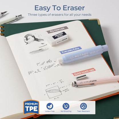 Nicpro Cute Mechanical Pencil Set, 4PCS 0.7mm Pastel Drafting Pencils with 4 Tube HB Lead Refills, 4B Erasers, Rotary Retractable Eraser and Eraser Refill for Writing Sketching Back to School Supplies - style: 0.7mm