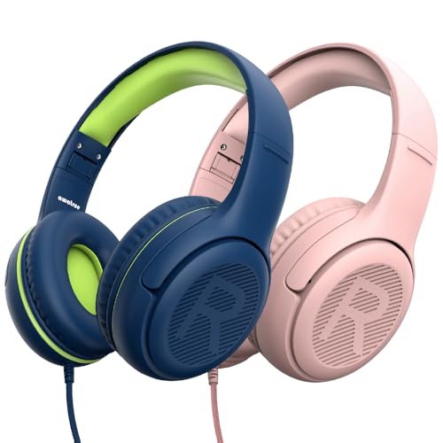 awatrue 2PCS Kids Headphones for School Travel, 85/94dB Safe Volume Limit, 3.5mm Jack, HD Mic, Portable Wired Headphone with Shareport, Stereo Sound On-Ear Headphones for Toddler Kids Girls Boys - color: Bluegreen+Pink