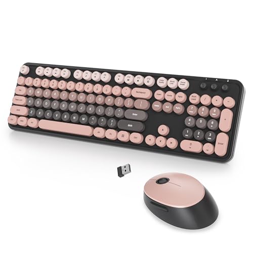 Wireless Keyboard and Mouse Set, Retro Typewriter, 2.4GHz Full Size 104-Key Cute Keyboard with Number Pad, Colorful Keyboard with Round Keycaps for Windows PC Laptop(Raspberry) - color: Raspberry gradient