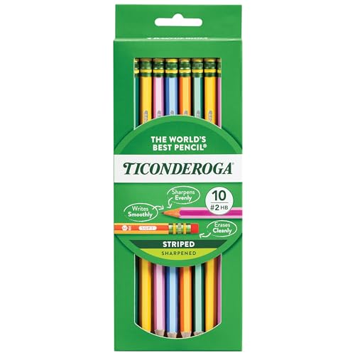 Ticonderoga X13910 Striped Wood-Cased Pencils, 2 HB Soft, Pre-Sharpened, 10 Count, Assorted Colors - size: 10 Count (Pack of 1)