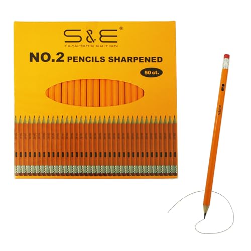 S & E TEACHER'S EDITION #2 HB Pencils 50 Pack, Pre-Sharpened Wood-Cased Pencils with Eraser Tops, Yellow Bulk Pencil for School Teacher Supplies, Writing, Drawing, Sketching & Exams
