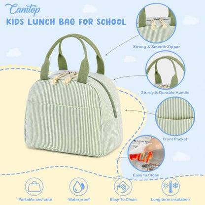 CAMTOP Lunch Box Kids Insulated Lunch Bag Large Reusable Leakproof Cooler Lunch Bags for Boys Girls School Travel Picnic (Sage Green Strip) - color: Sage Green Strip