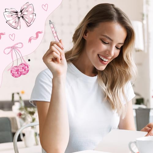 Pink Ballpoint Pens Favors - Retractable 24 Pcs Black Gel Ink Ball Point Pen Fine Cute Coquette Bow Tie Writing Supplies Fancy Gifts for Lovers Girls Nurse Teacher Assistants Office Work - style: Bow
