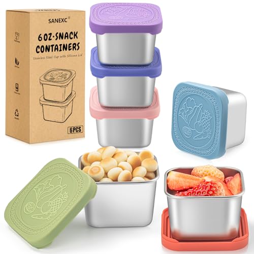 SANEXC 6 Oz Stainless Steel Snack Containers for Kids - 6 Pack Metal Food Containers with Lids Silicone Easy Open 100% Leak Proof BPA Free Reusable Baby Lunch Box for Daycare Travel and Office