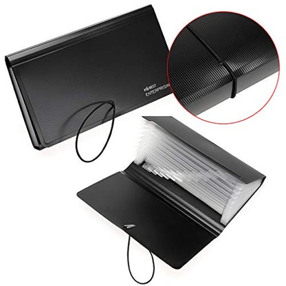 BTSKY Expanding File Folder - New 13 Pockets Handy Accordion File Organizer for Receipts Coupons Cards Tickets Tax Item File Storage Folder Check Bill Plastic Accordion Wallet Case(with Rope,Black)