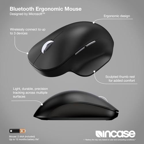 Incase Bluetooth Ergonomic Mouse – Designed by Microsoft – Two Thumb Buttons, Easy to Grip Thumb Rest, Precision Tracking, Connects 3 Devices, 15 Month Battery Life, Mac/Windows PCs/Laptops (Black) - color: Black